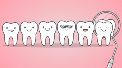 Cartoon drawing of happy teeth with pink background.