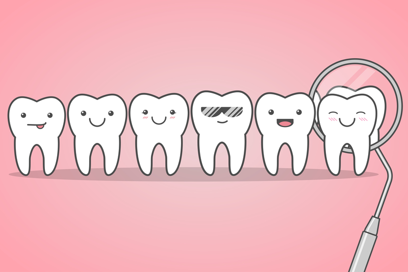 Cartoon drawing of happy teeth with pink background.