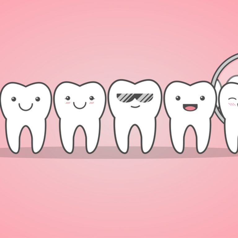 Cartoon drawing of happy teeth with pink background.